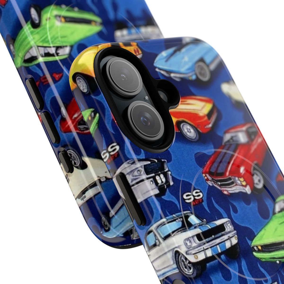 Vibrant muscle car pattern phone case with classic car silhouettes on a blue background - Detail