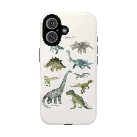 Dinosaur-patterned tough magnetic phone case with a collection of different dinosaur species.