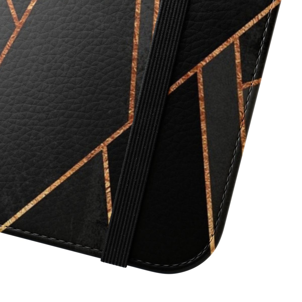 A black and copper abstract geometric phone case with a modern, minimalist design. - Close Up