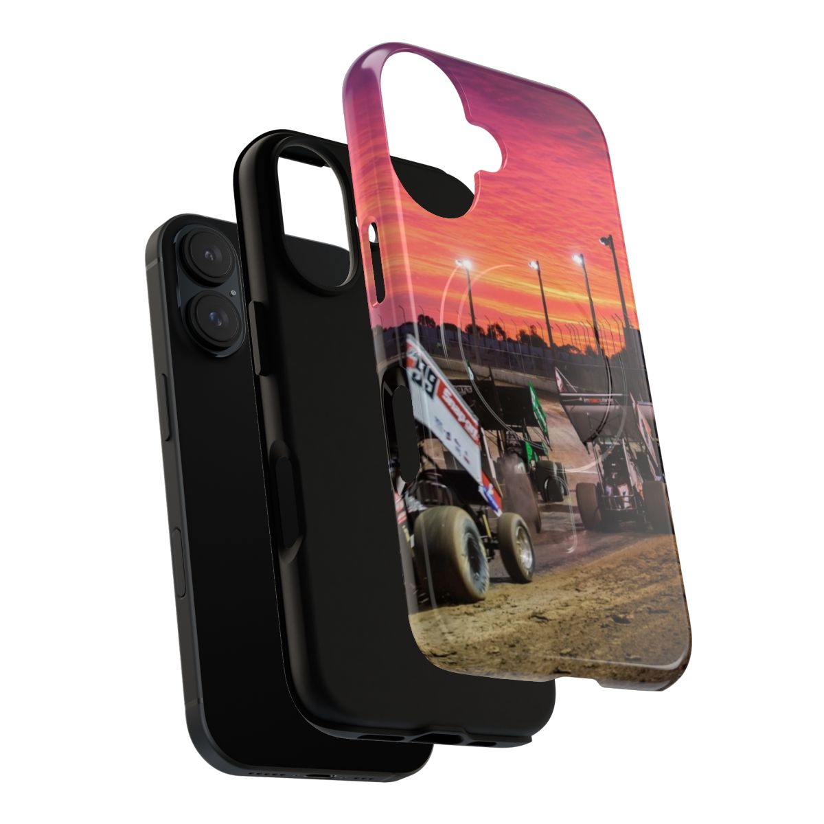 A magnetic tough phone case featuring a vibrant sunset over a speedway track, ideal for motorsports fans. - Layers