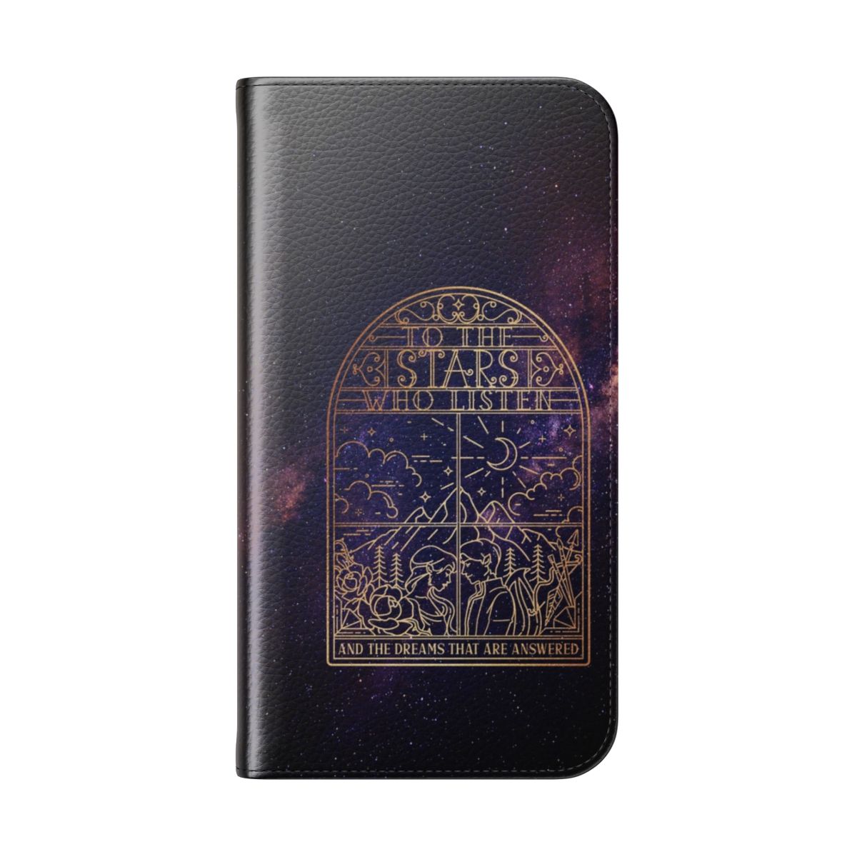 Flip cover phone case featuring a starry night sky design, inspired by the ACOTAR book series by Sarah J. Maas. - Folded Back