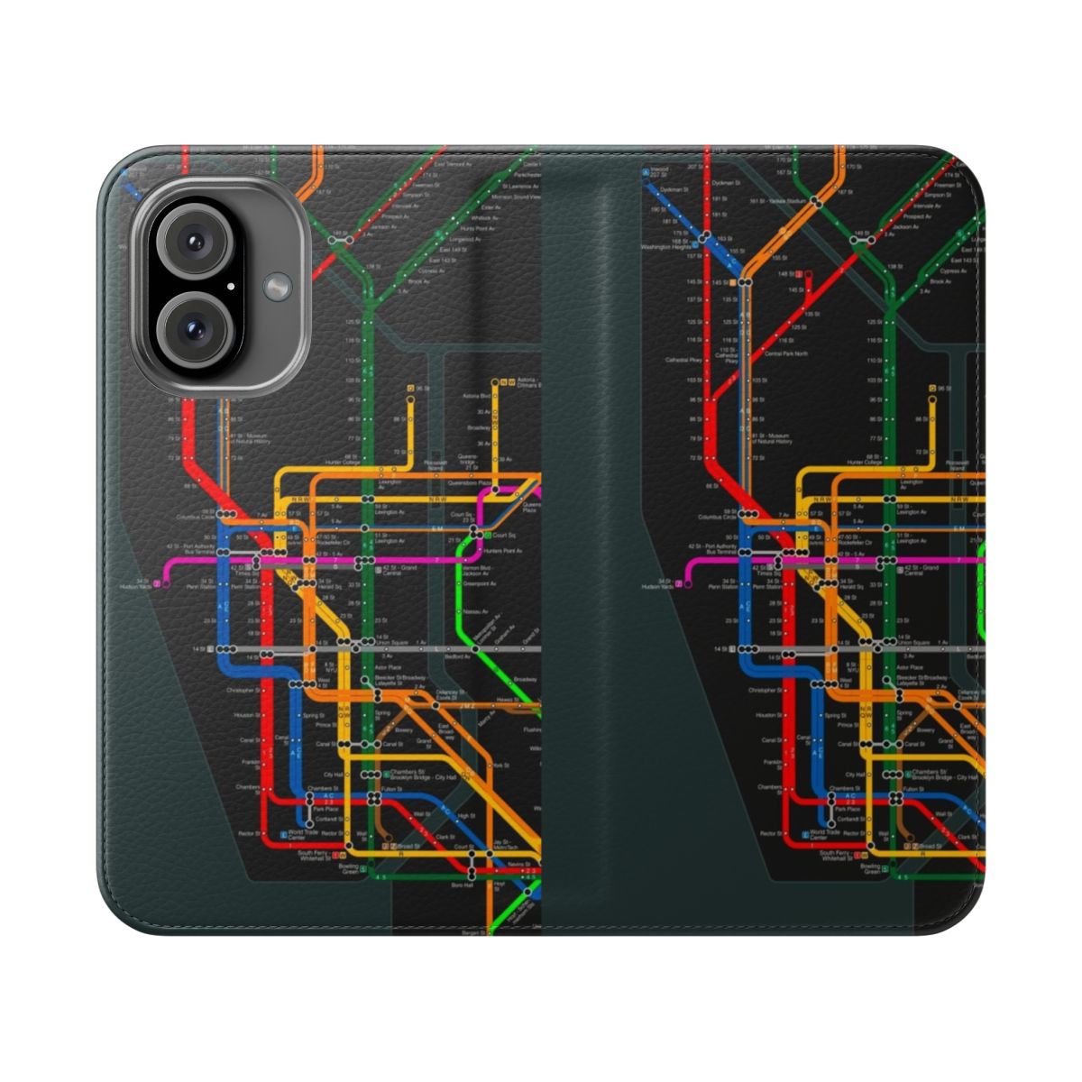 New York City subway map printed on a black phone case