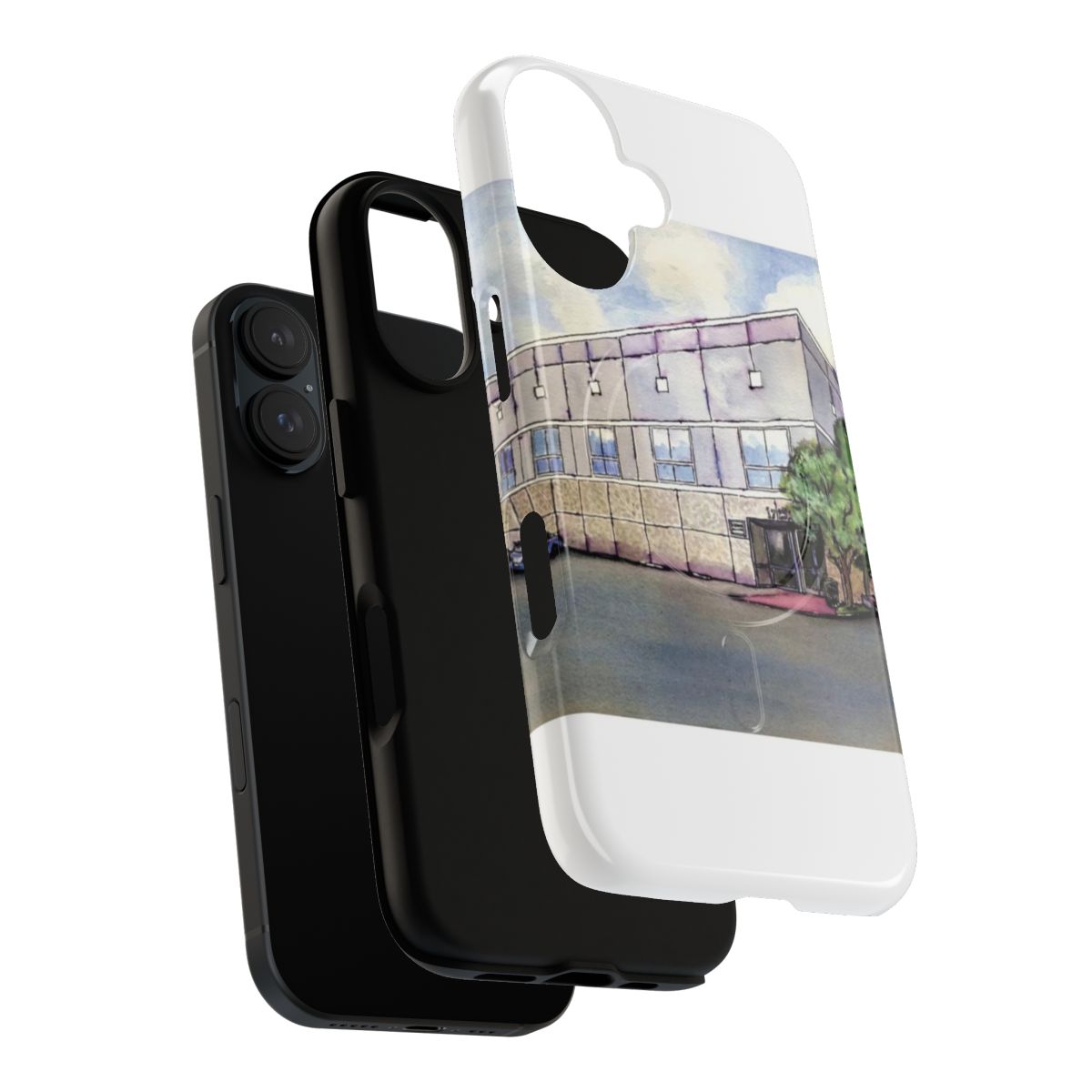 A magnetic tough phone case featuring a watercolor design inspired by the TV show The Office with characters Pam Beesly and Jim Halpert. - Layers