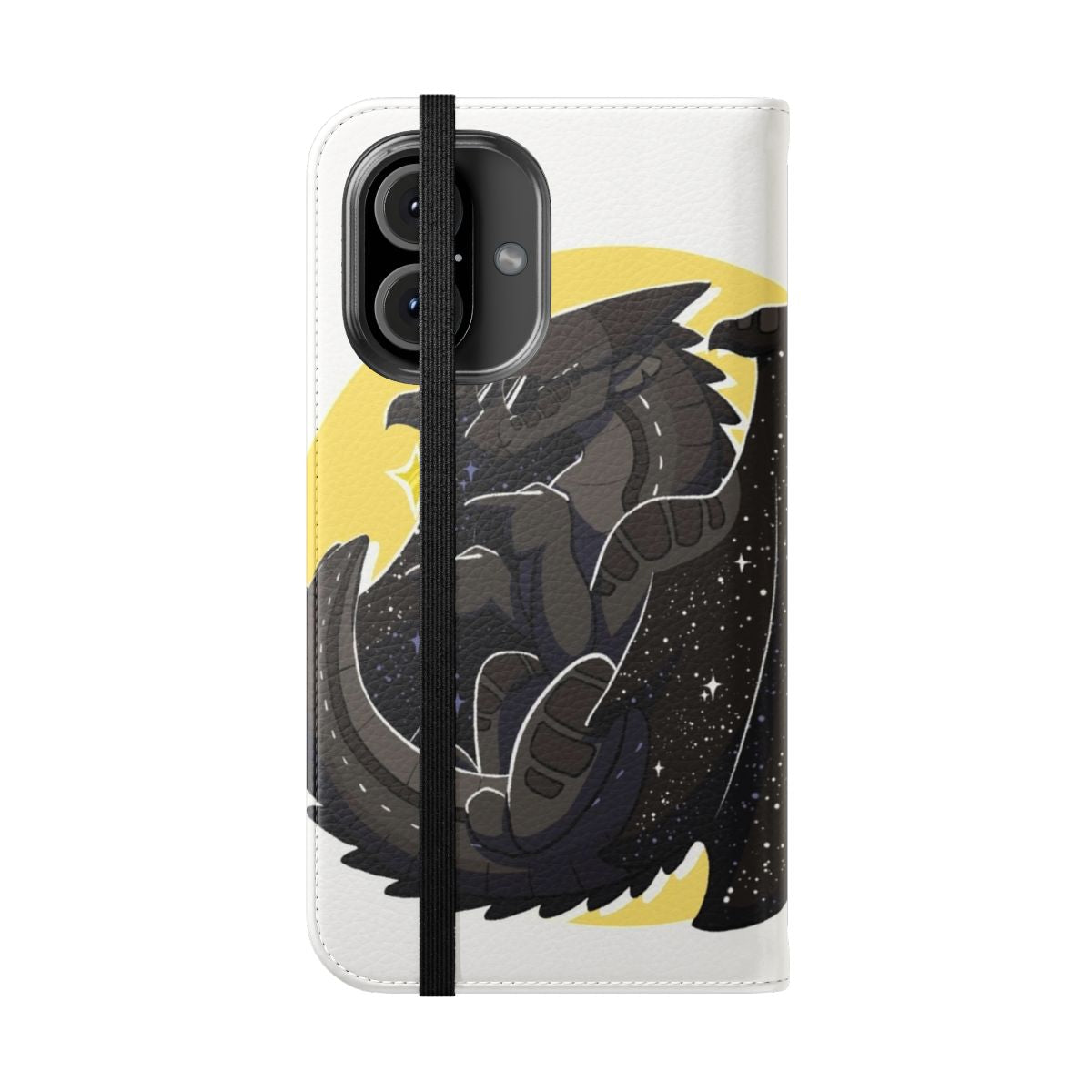 A dragon-themed flip cover phone case featuring intricate wing designs. - Folded Front