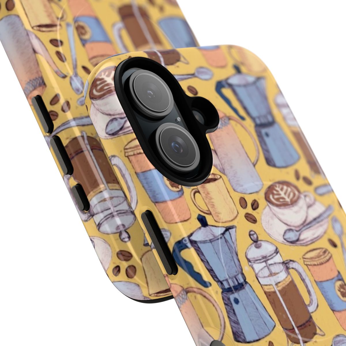 Vibrant yellow and blue phone case with a coffee-themed design by artist Micklyn Le Feuvre - Detail