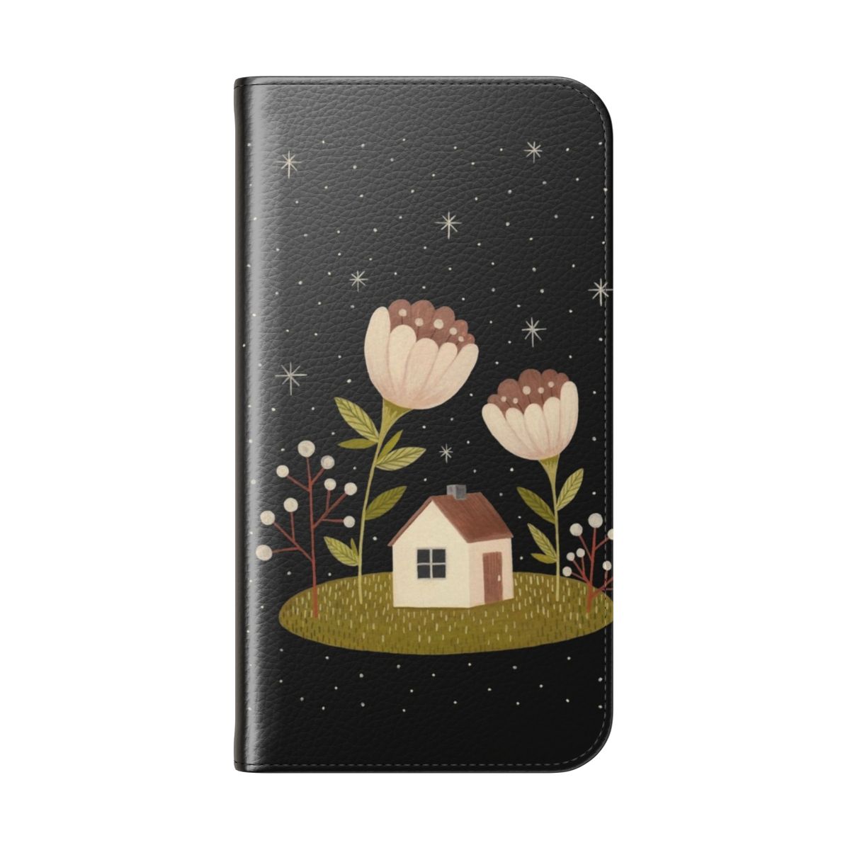 A phone case featuring a whimsical design of a tiny house surrounded by flowers and a starry night sky. - Folded Back