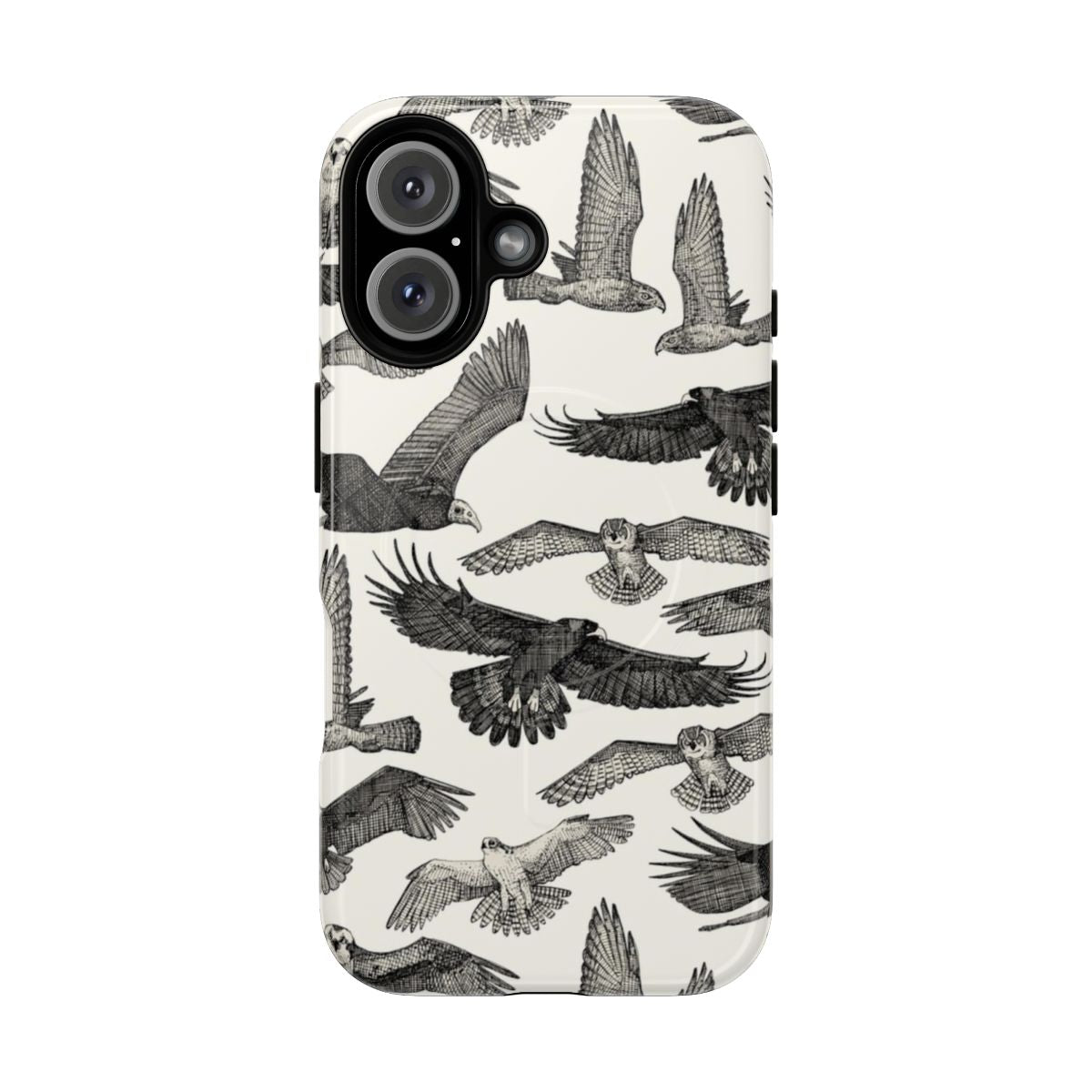 Black and white phone case featuring patterns of various birds of prey such as owls, hawks, and eagles.