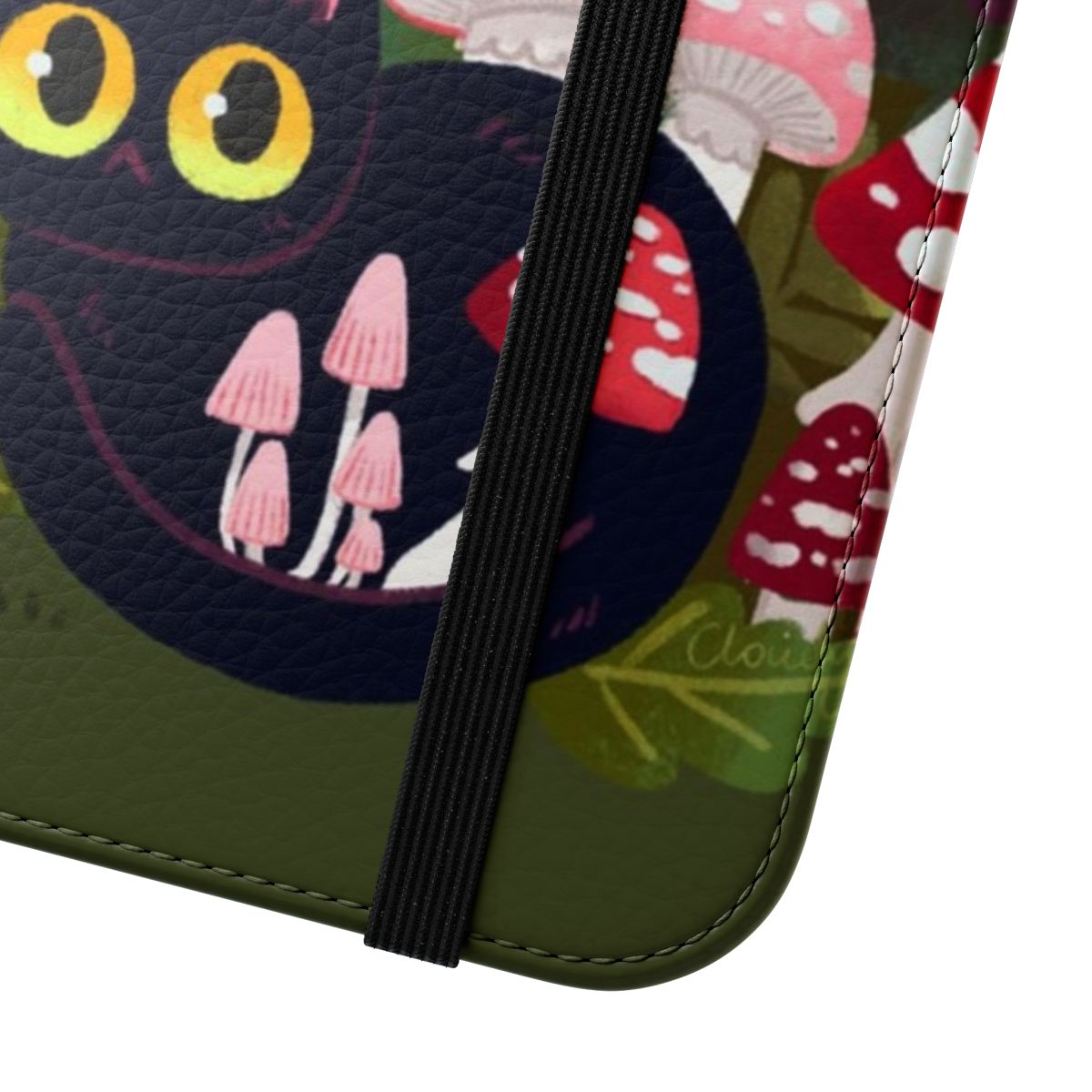 A flip phone case featuring a cute black cat surrounded by mushrooms, in a whimsical forest-inspired design. - Close Up