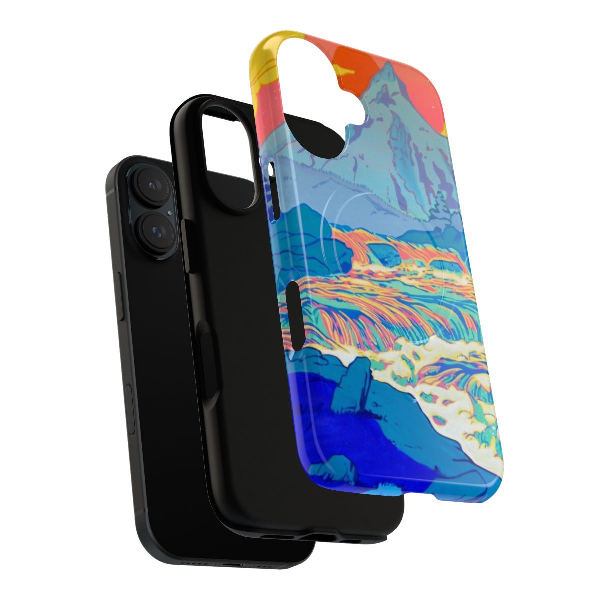 Colorful and vibrant phone case featuring a pop art style landscape with a rushing river and pastel colors - Layers