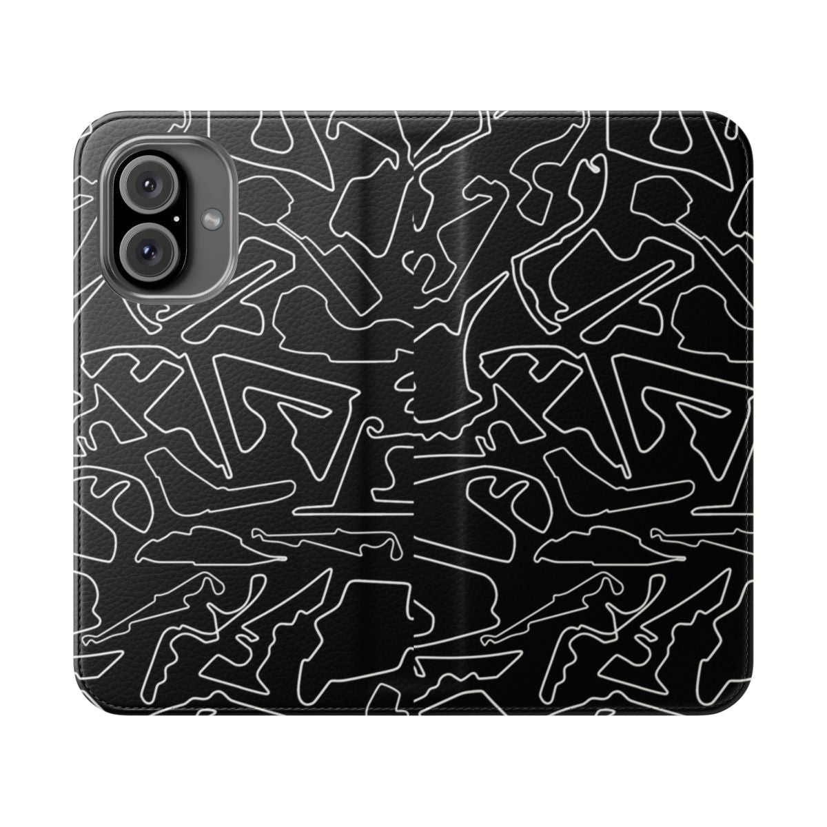 Flip cover phone case featuring a sleek black background with abstract race track design.