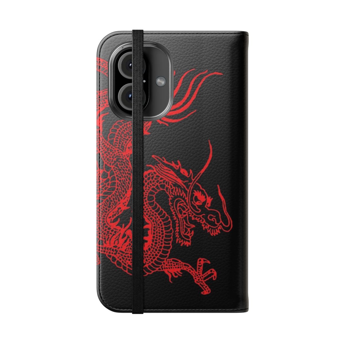 A red dragon-themed phone case with an eye-catching flip cover design. - Folded Front