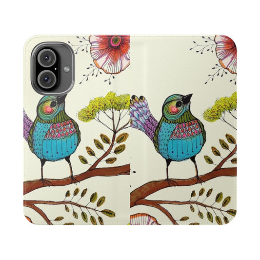 Whimsical floral phone case with a colorful bird and branch design in a watercolor style