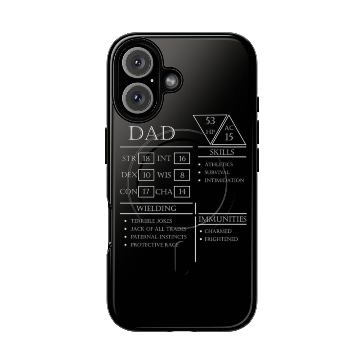 A white magnetic tough phone case featuring a Dungeons & Dragons-inspired character sheet design with dad-themed elements.