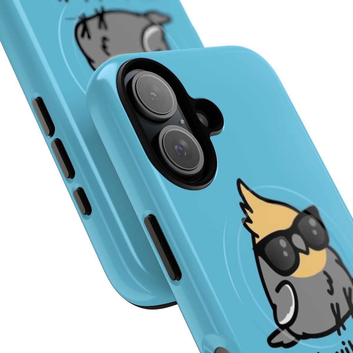 Grey cockatiel bird in a "deal with it" meme-inspired phone case design - Detail