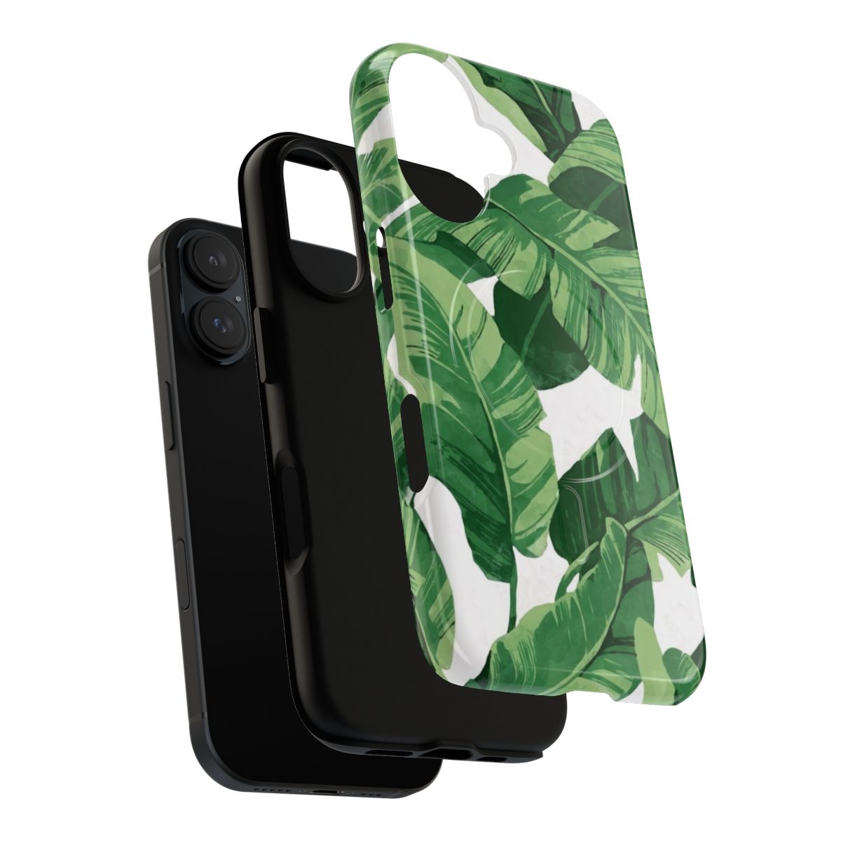 Tropical phone case featuring a vibrant watercolor design of banana leaves and nature elements. - Layers