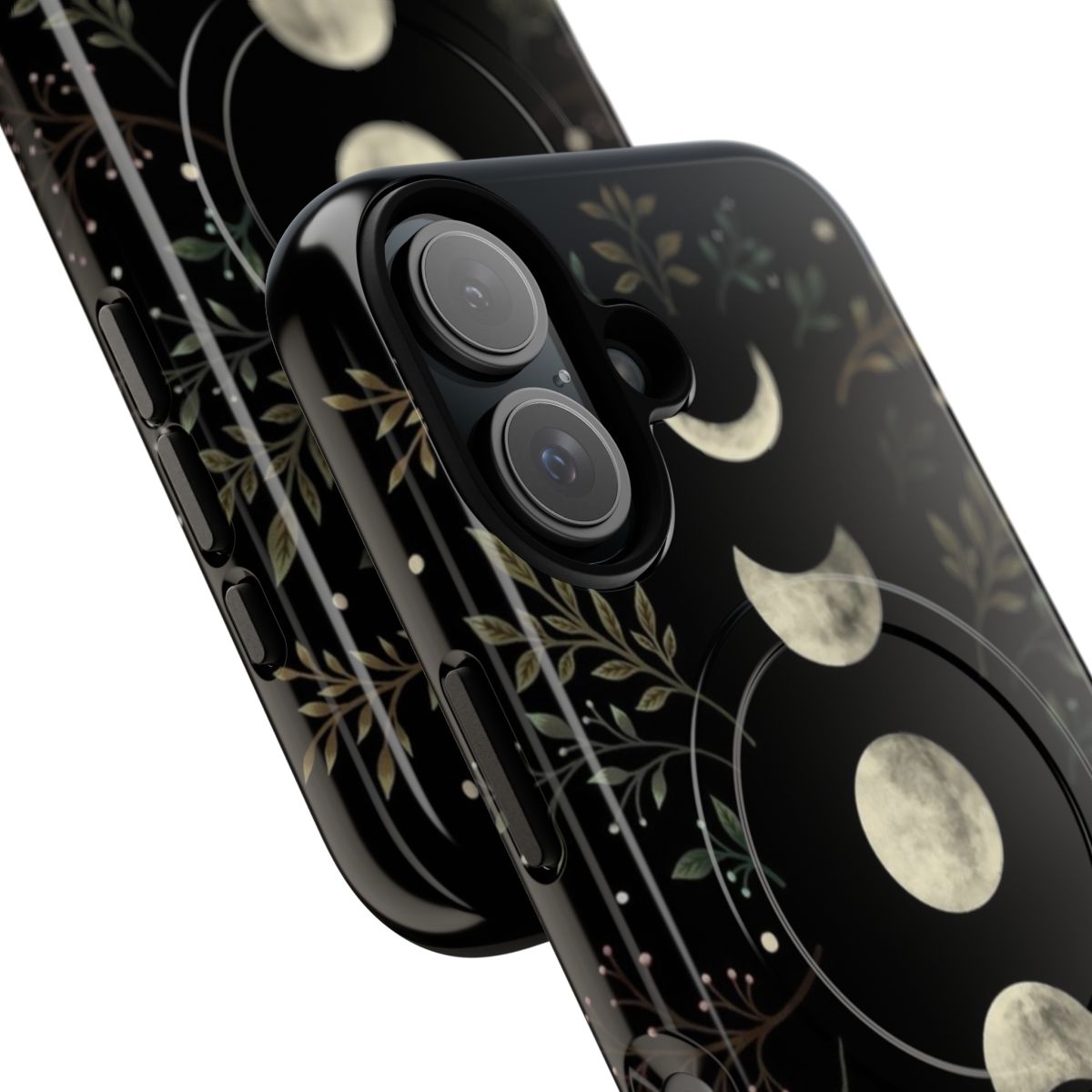 Olive green phone case with moon, midnight garden, and starry night design - Detail