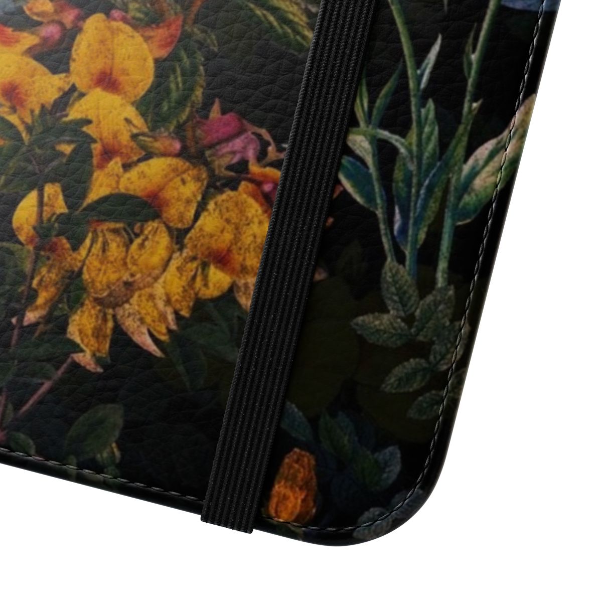 Vintage botanical floral pattern on a black phone case cover - Close Up