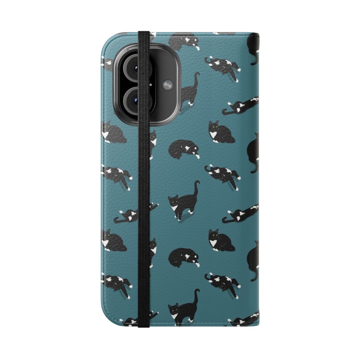 A stylish and personalized phone case featuring a digital drawn pattern of a cute tuxedo cat. - Folded Front