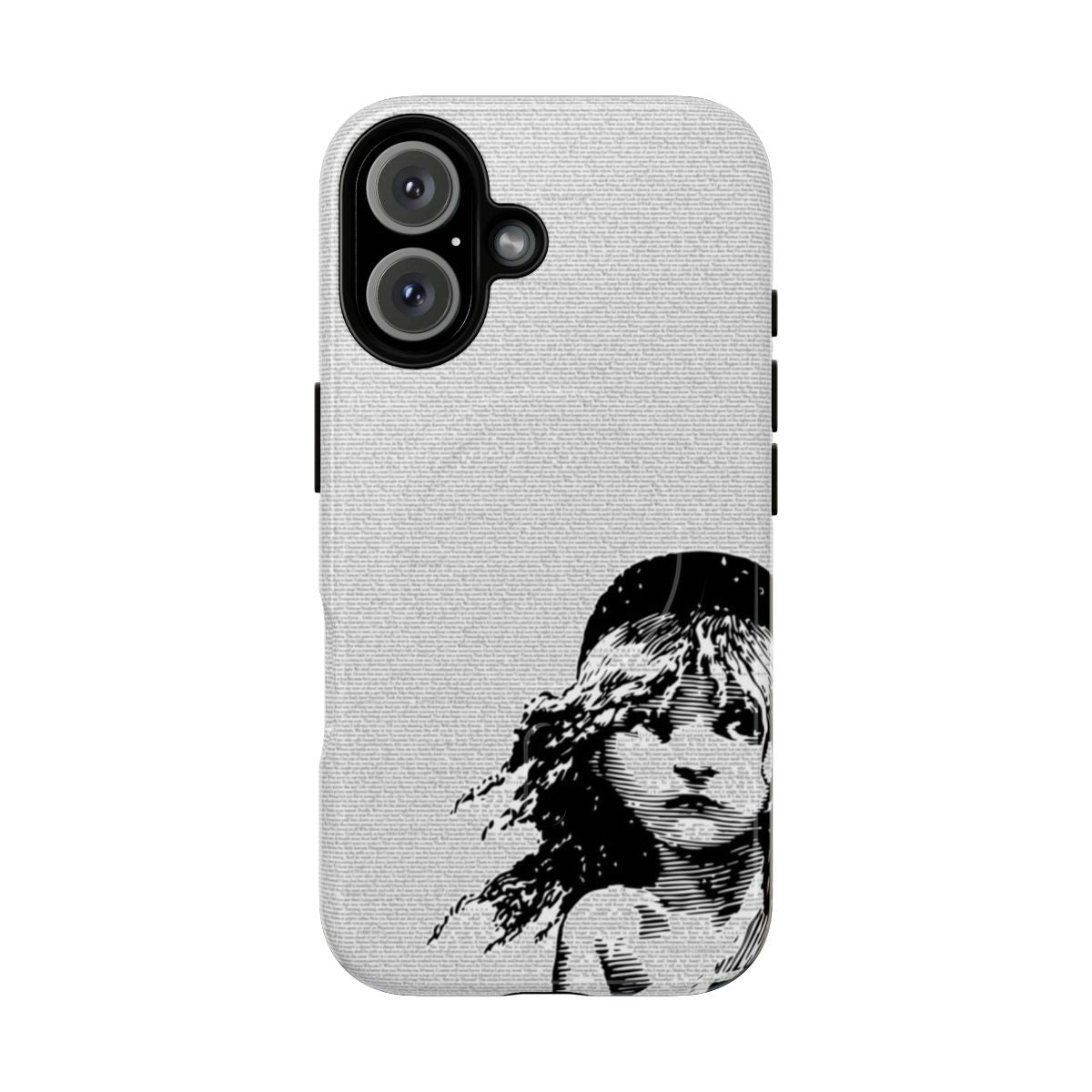 A magnetic phone case featuring a theatrical design inspired by the Les Misérables musical.