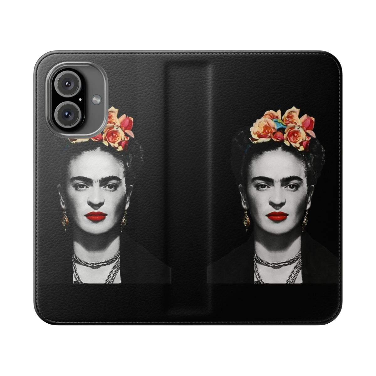 Vibrant and artistic flip cover phone case featuring a watercolor portrait of the famous Mexican artist Frida Kahlo.