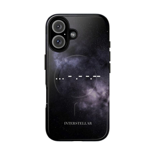 Interstellar-inspired phone case with minimalist "Stay With Me" quote and space-themed illustration