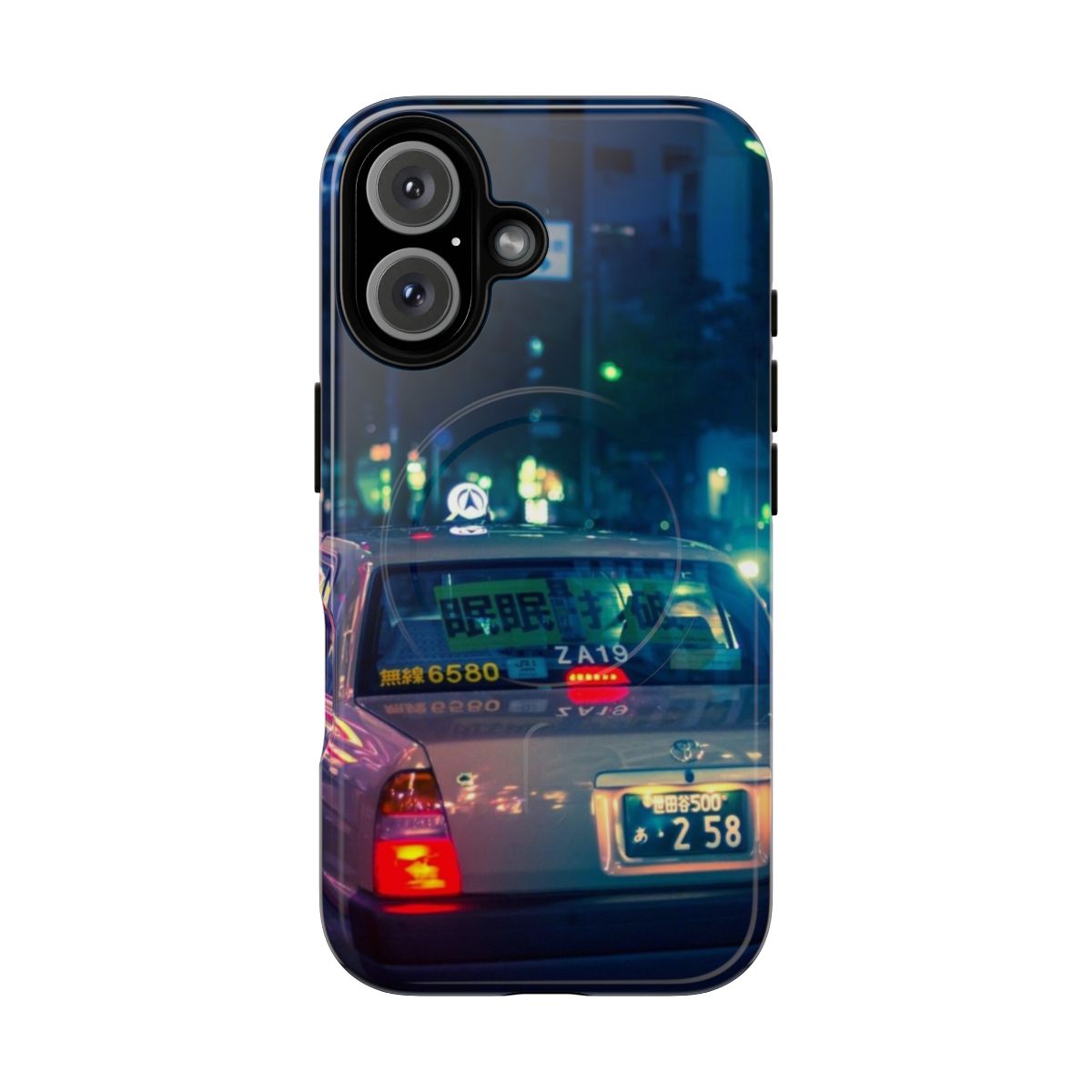 Futuristic phone case with a moody, cyberpunk-inspired design featuring neon lights and a neo-tokyo inspired alleyway.