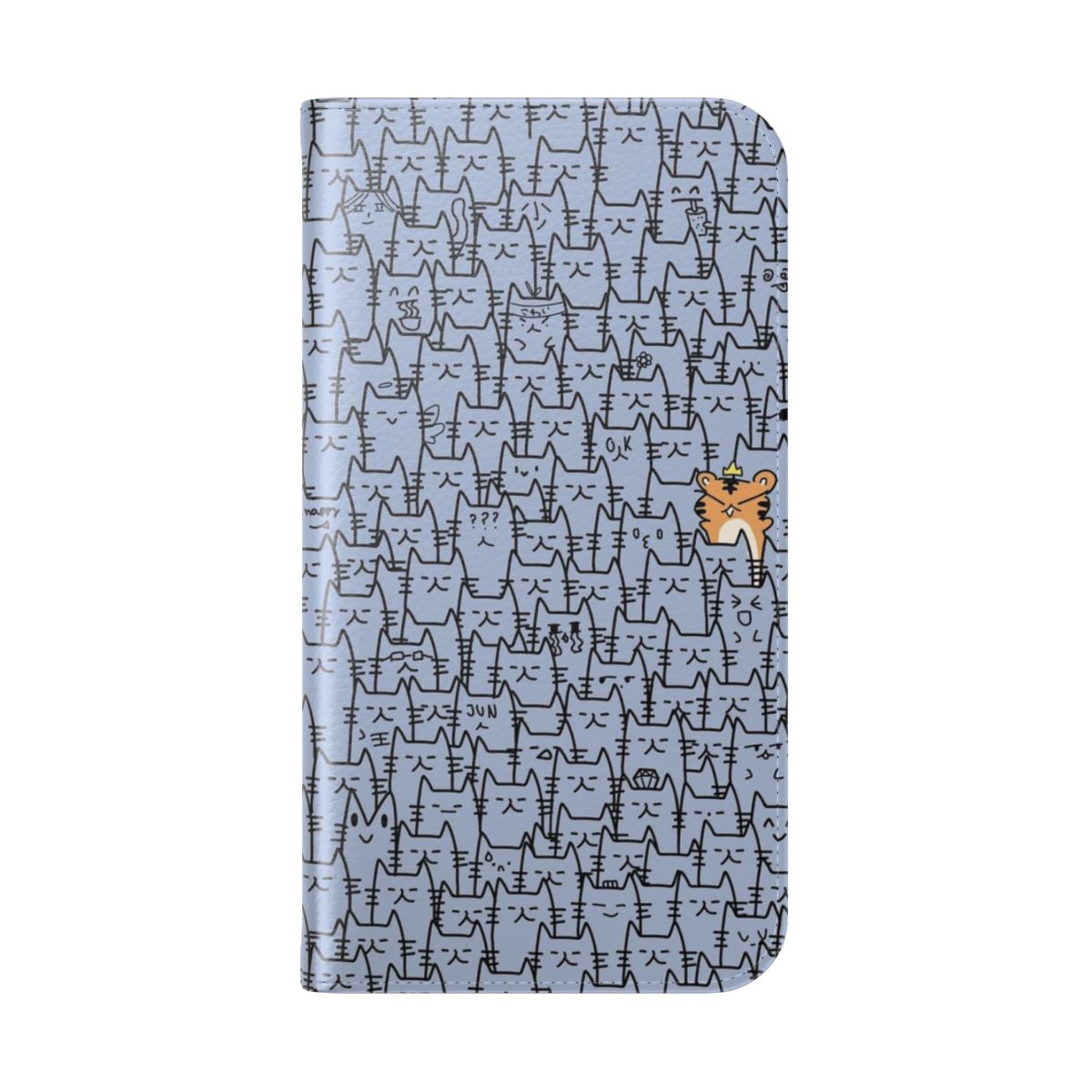 Flip cover phone case with an illustration of Hoshi and Jun from the K-pop group Seventeen in a field of cats. - Folded Back