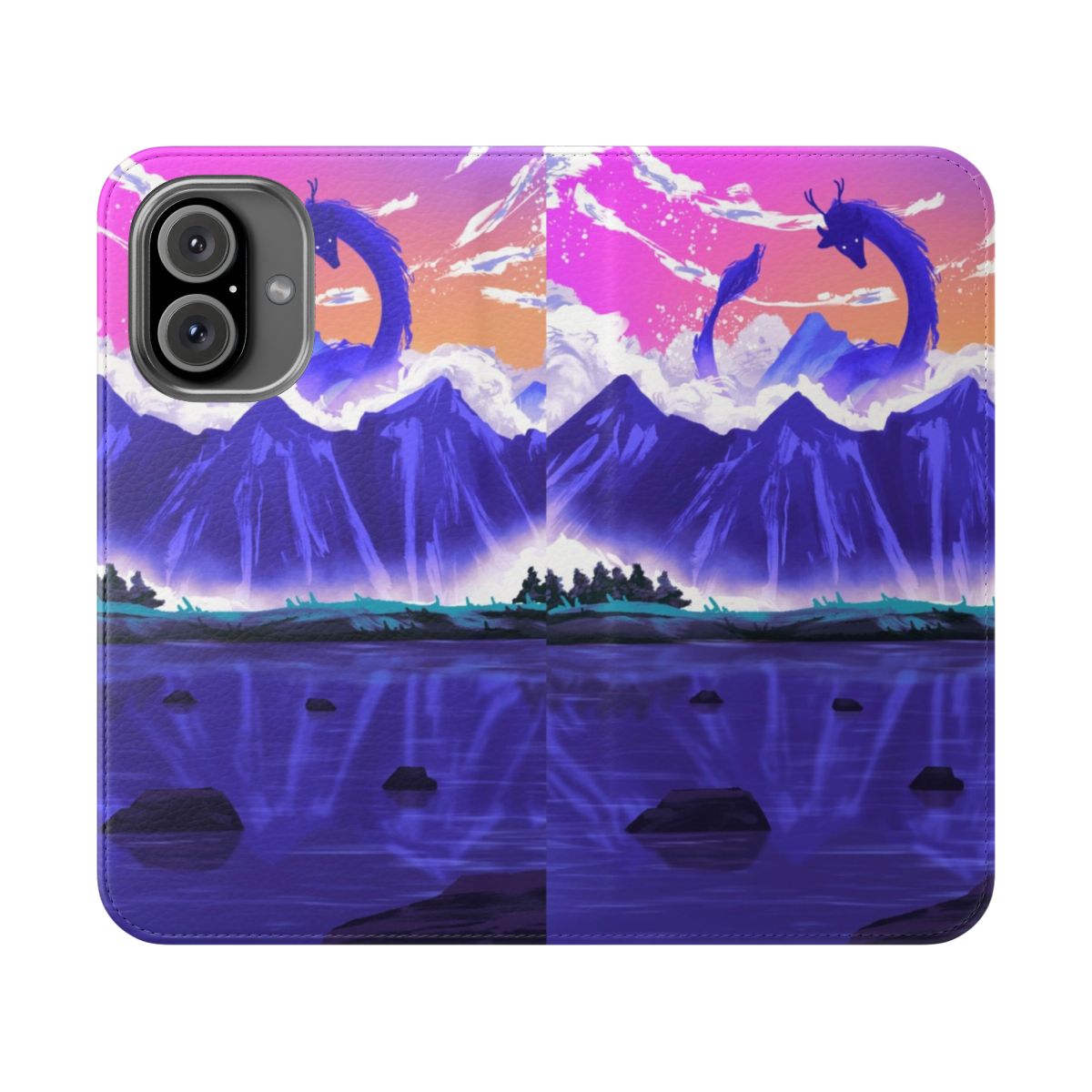 Artistic phone case featuring a sleeping dragon in a nature-inspired design