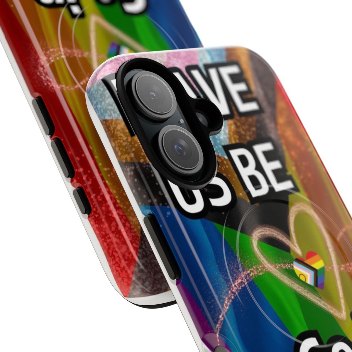 Inclusive LGBTQIA+ magnetic phone case with a colorful rainbow heart design - Detail