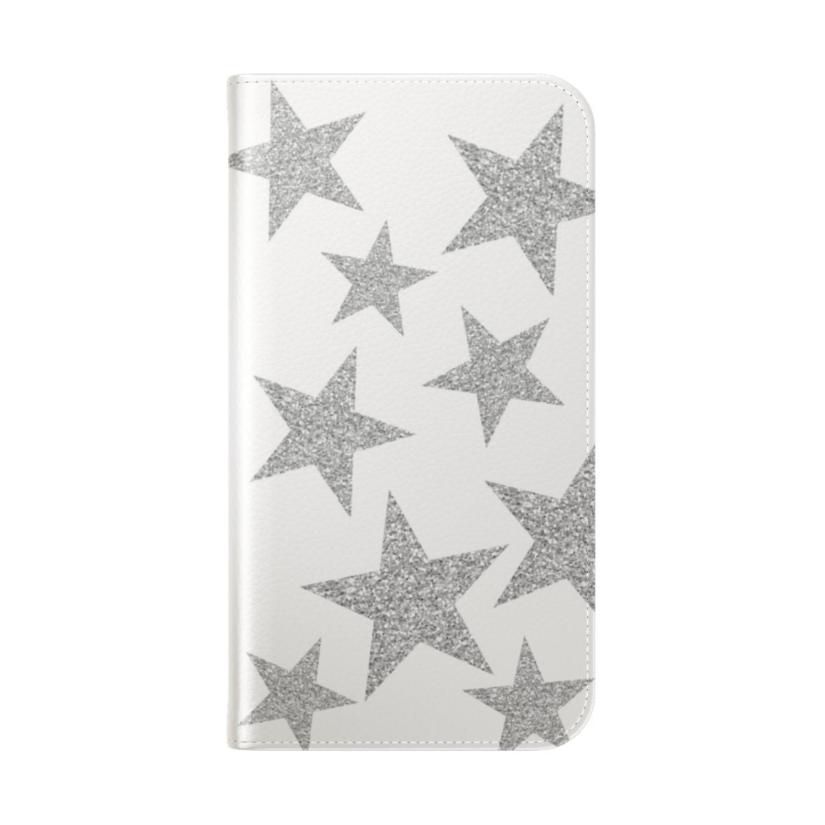 A silver glittery phone case featuring a design of sparkling stars - Folded Back