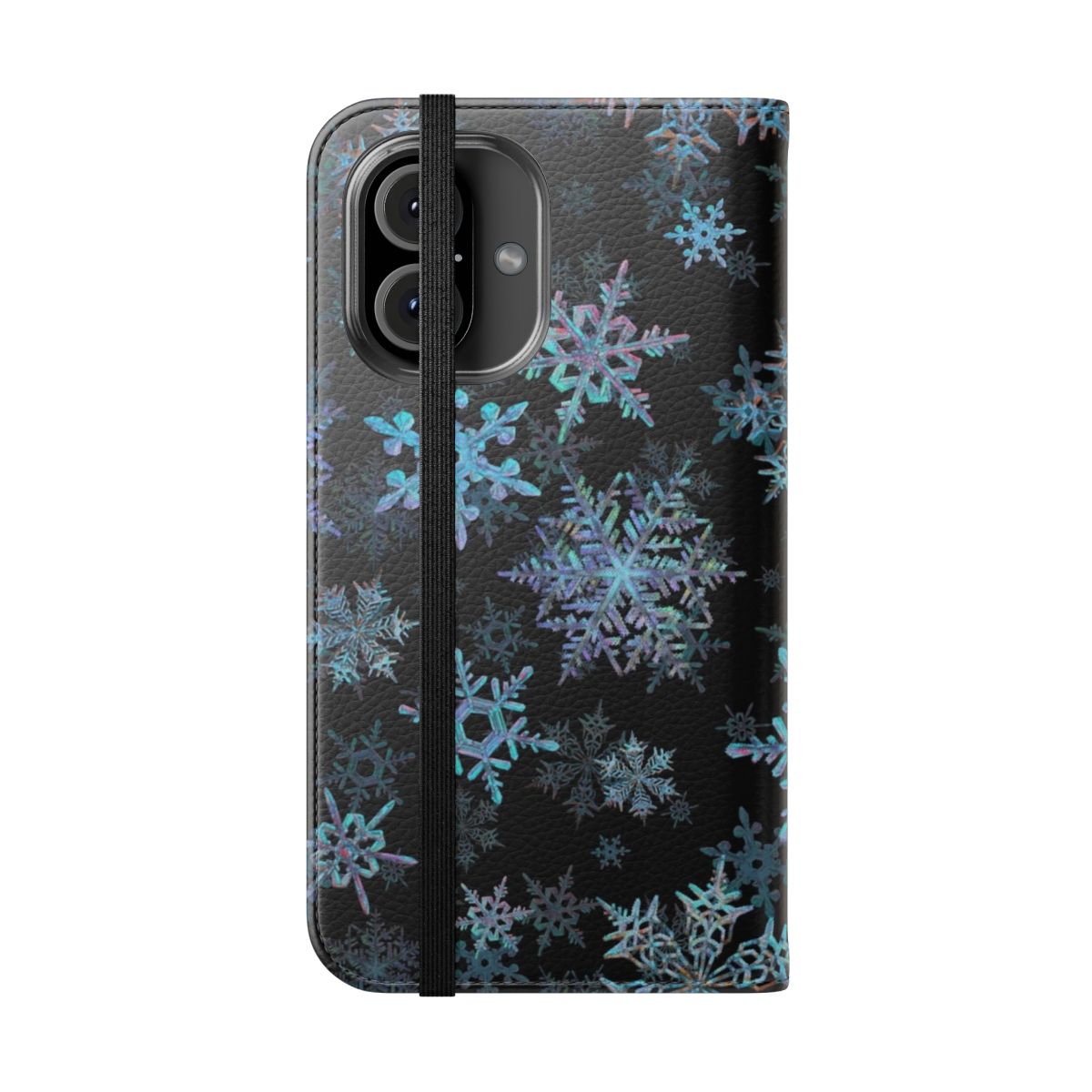 Embroidered snowflake design on a dark phone case for the winter and holiday season. - Folded Front