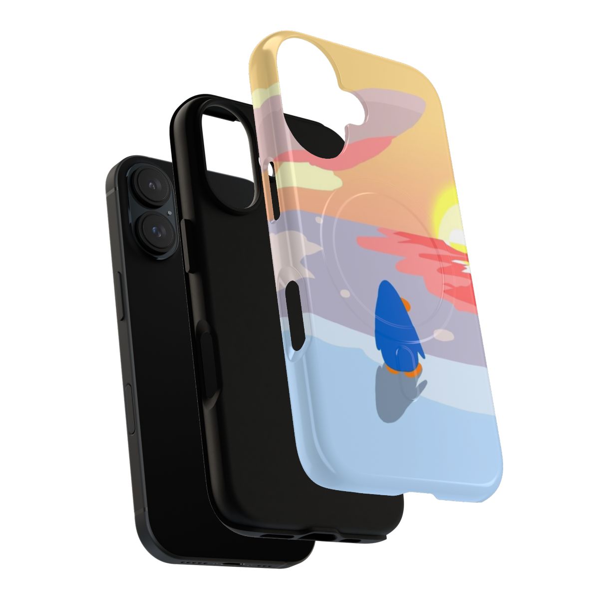 A phone case featuring a sunset painting with penguins - Layers