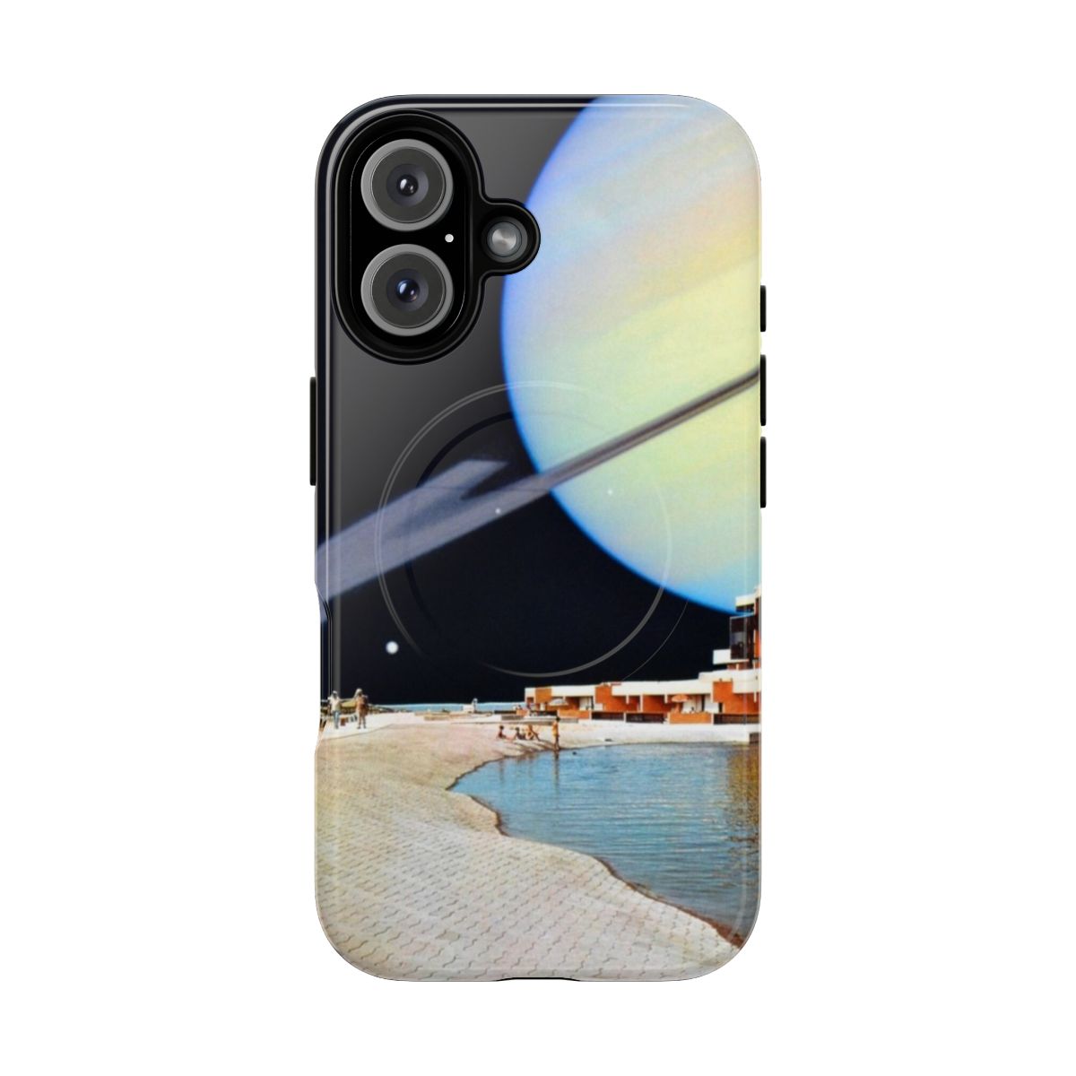 Handmade phone case featuring a surreal, cosmic collage design with planets and retro elements.