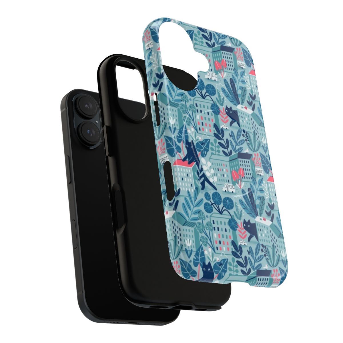 Magnetic tough phone case featuring illustrations of giant cats, plants, and a dormitory area - Layers