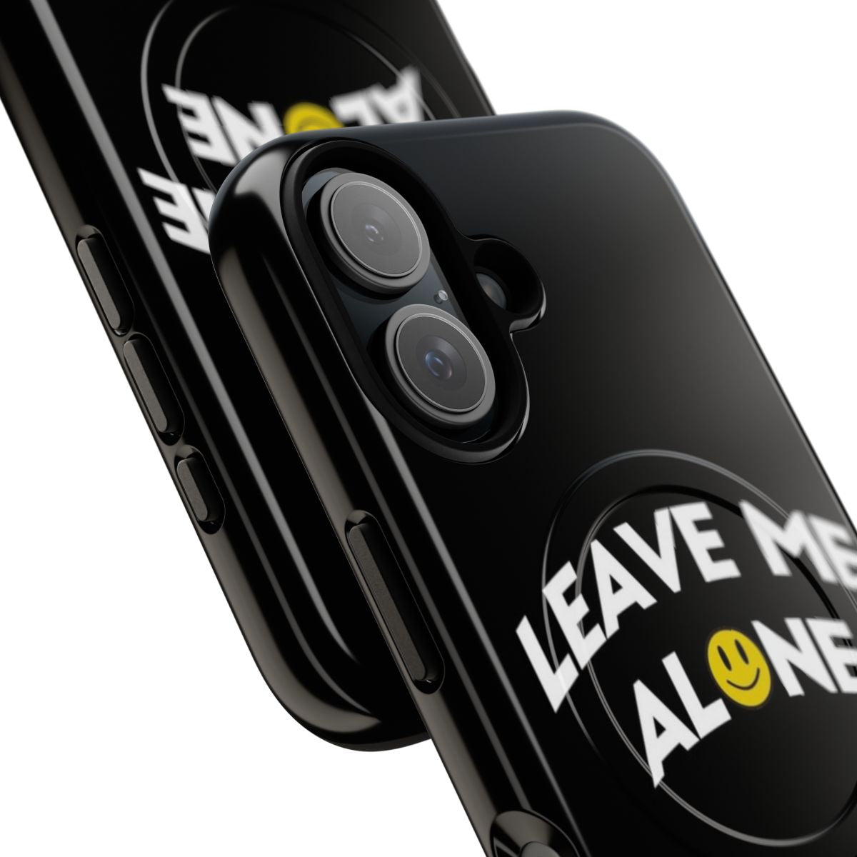 Magnetic tough phone case with sarcastic "Leave me alone :)" message - Detail