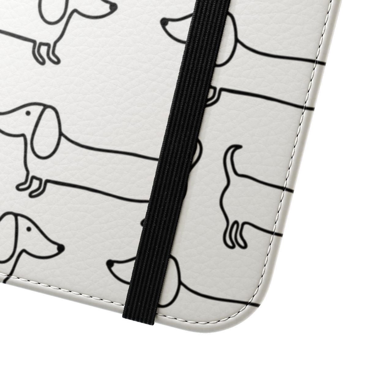 Dachshund phone case with a hand-drawn black and white illustration of a sausage dog - Close Up