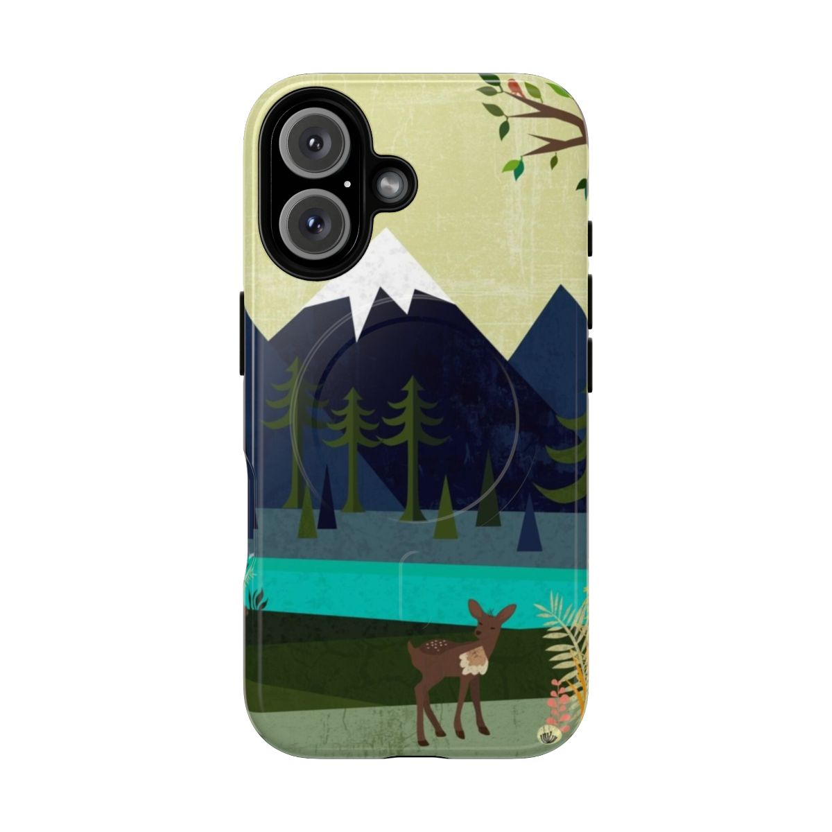 Tranquil nature landscape with deer, trees, and river on a phone case