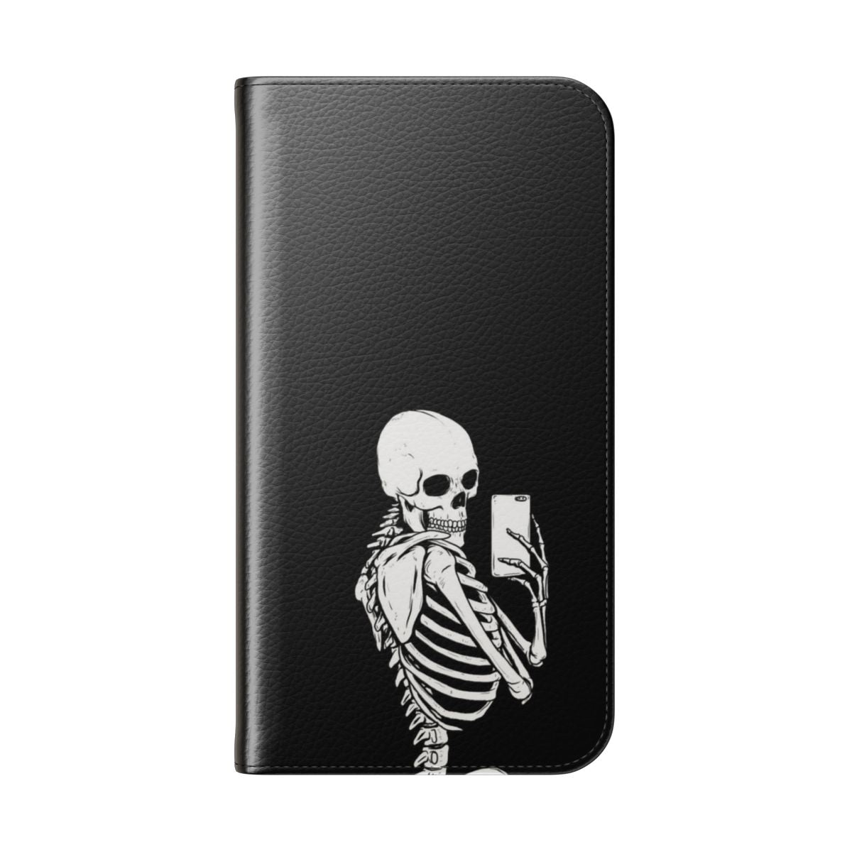 Skeleton-themed flip phone case with skull and bone design - Folded Back