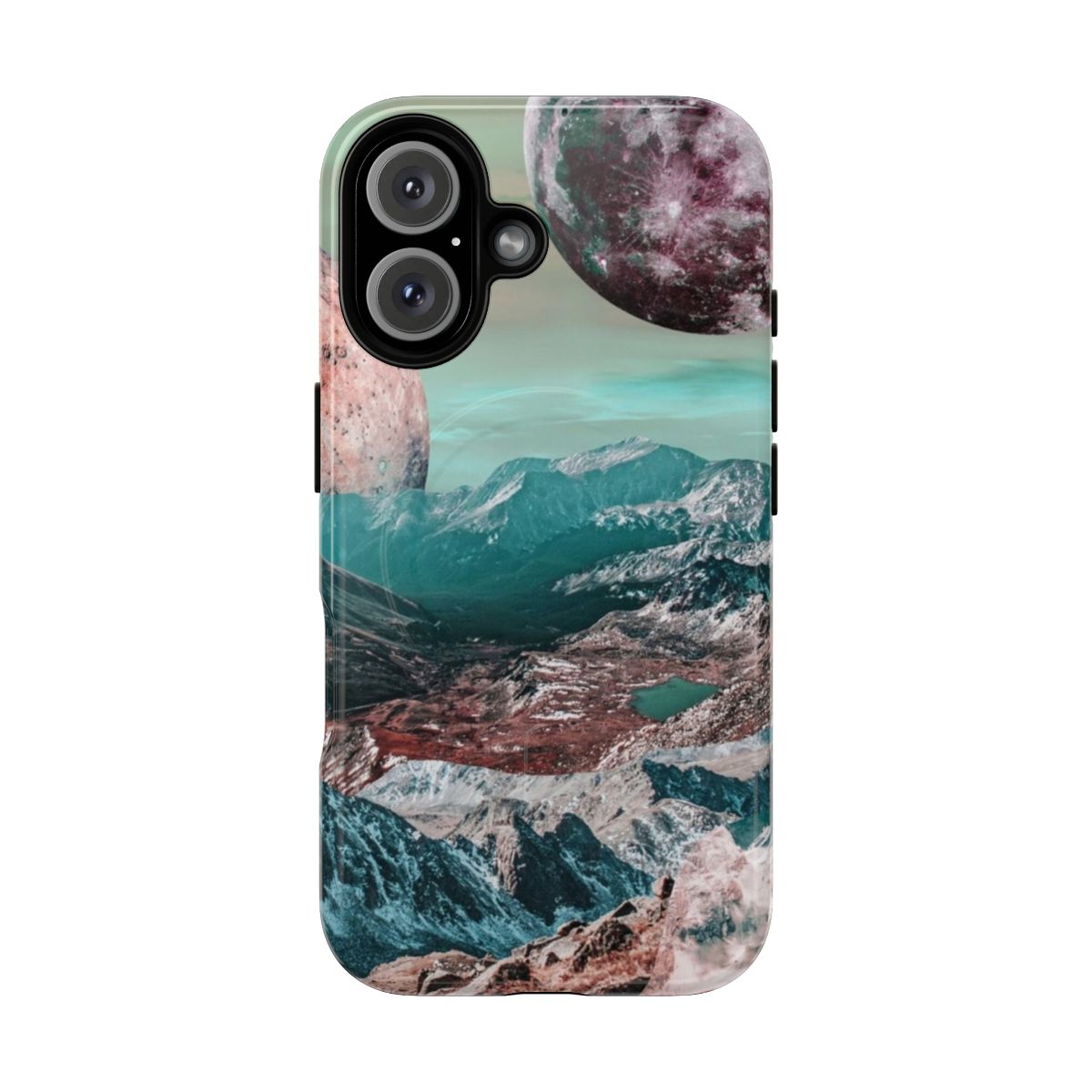 Magnetic tough phone case featuring a vibrant digital collage design with mountains, planets, and the moon.