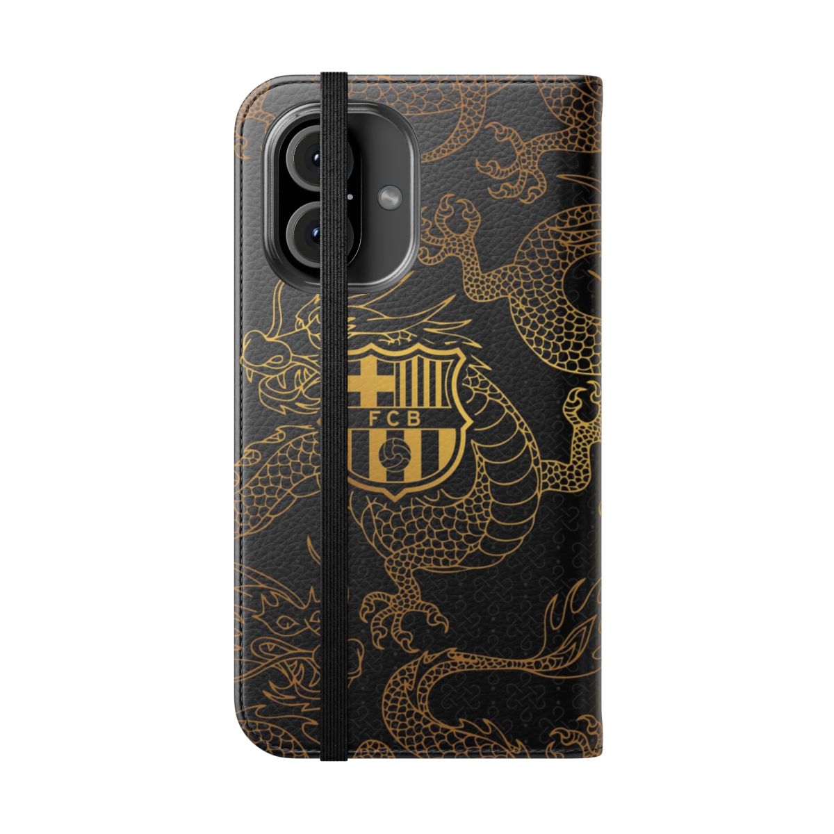 Barca-themed flip cover phone case with a sleek black and gold dragon design - Folded Front