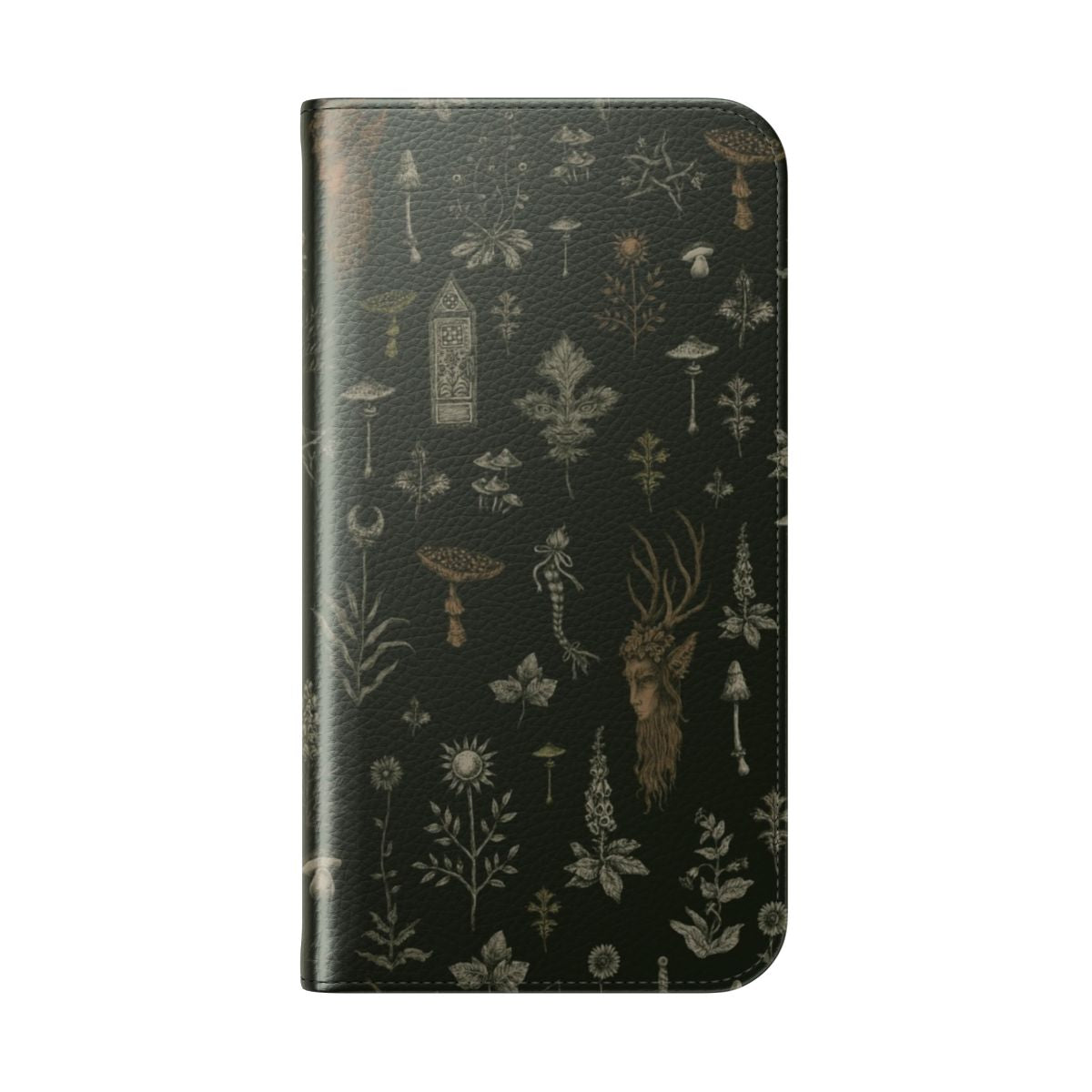 A stylish and protective phone case featuring a nature-inspired design with a guardian figure, trees, and mystical elements. - Folded Back