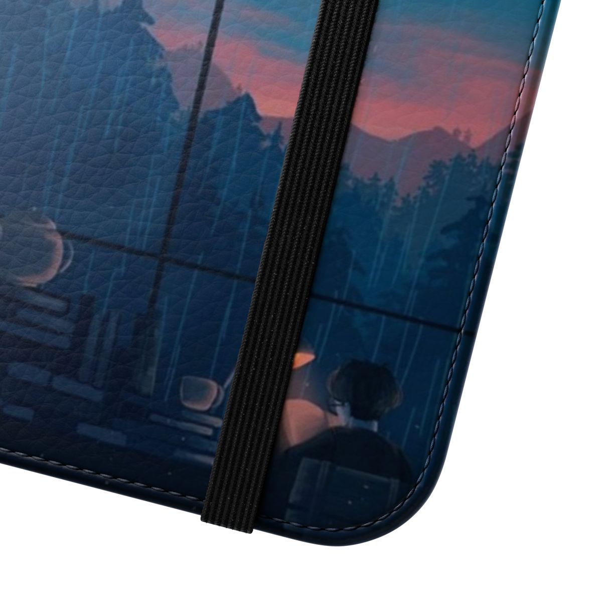 Flip cover phone case with a scenic nature photography image of mountains, fog, and sunrise/sunset - Close Up