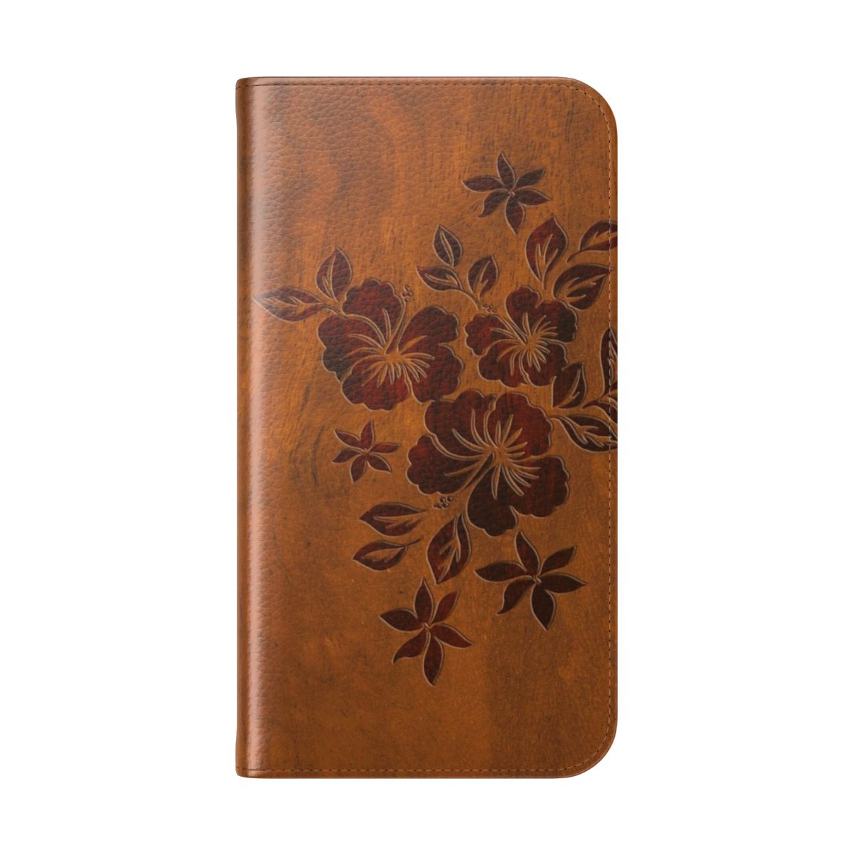 Tropical hibiscus floral pattern faux koa wood flip phone case - Folded Back