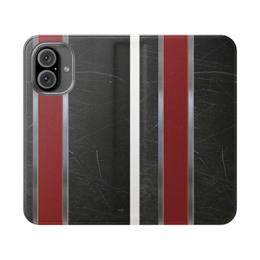 A sleek and stylish phone case inspired by the N7 armor from the Mass Effect video game series.