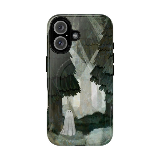 A magnetic tough phone case featuring a pine forest clearing design with light and shadows.