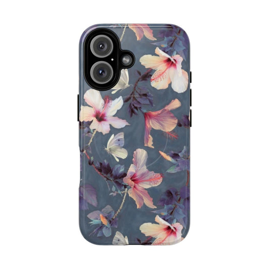 Tropical phone case with a painted pattern of hibiscus flowers and butterflies