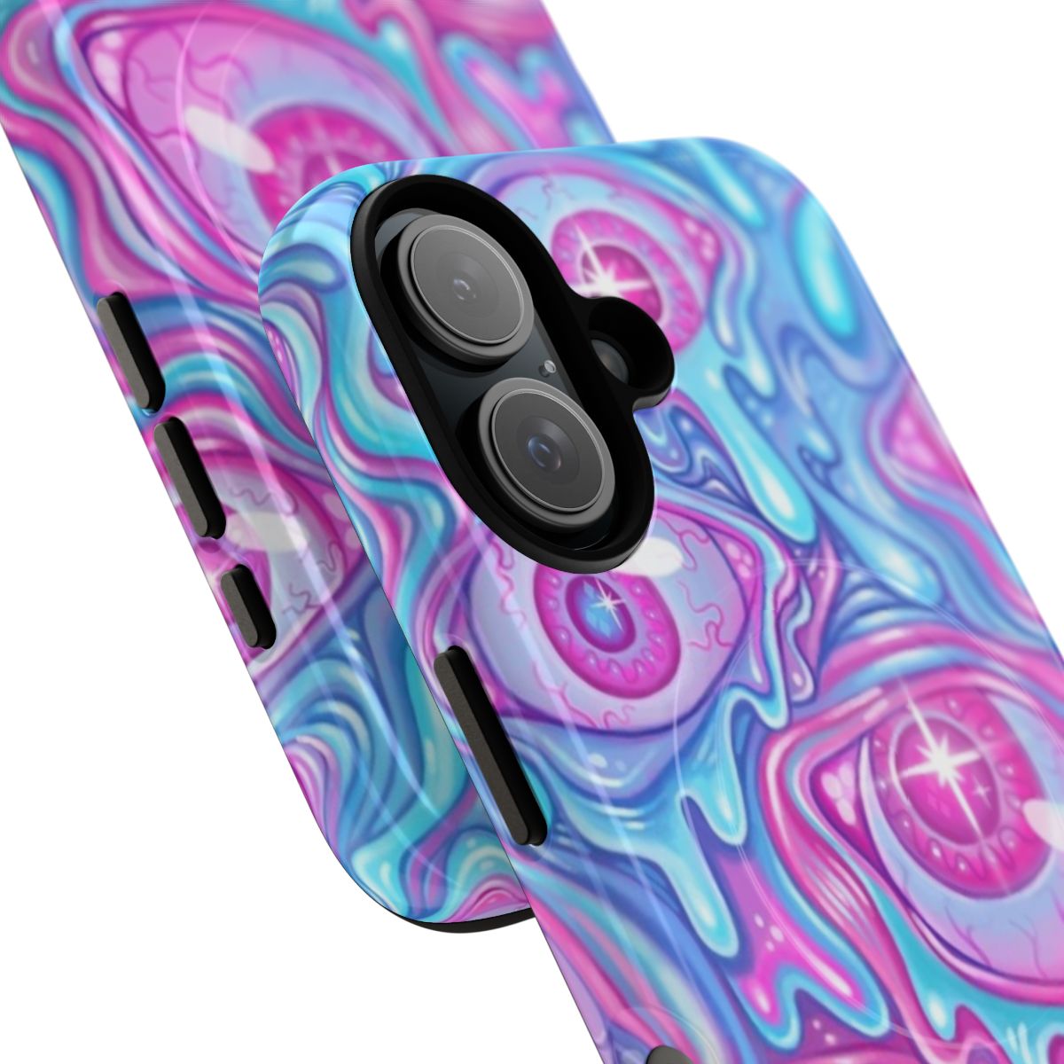 Vibrant, abstract eyeball pattern design on a protective phone case - Detail