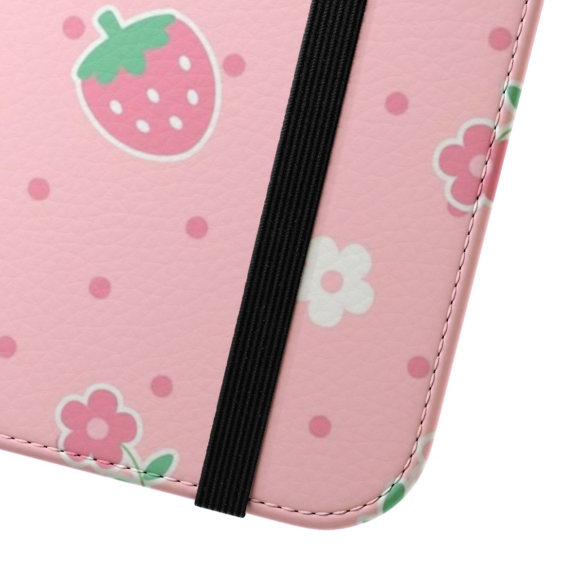 A pastel pink phone case with strawberries, flowers, and dot patterns in a cute, kawaii style. - Close Up