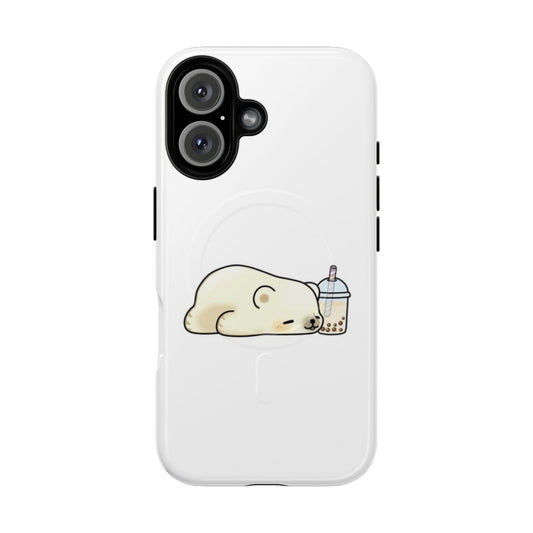 Image of a cute polar bear holding a boba tea drink in its paws, on a magnetic phone case.