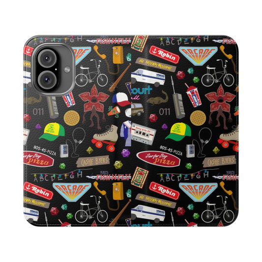 A Stranger Things themed flip cover phone case with an assortment of patterns and designs from the popular Netflix series.